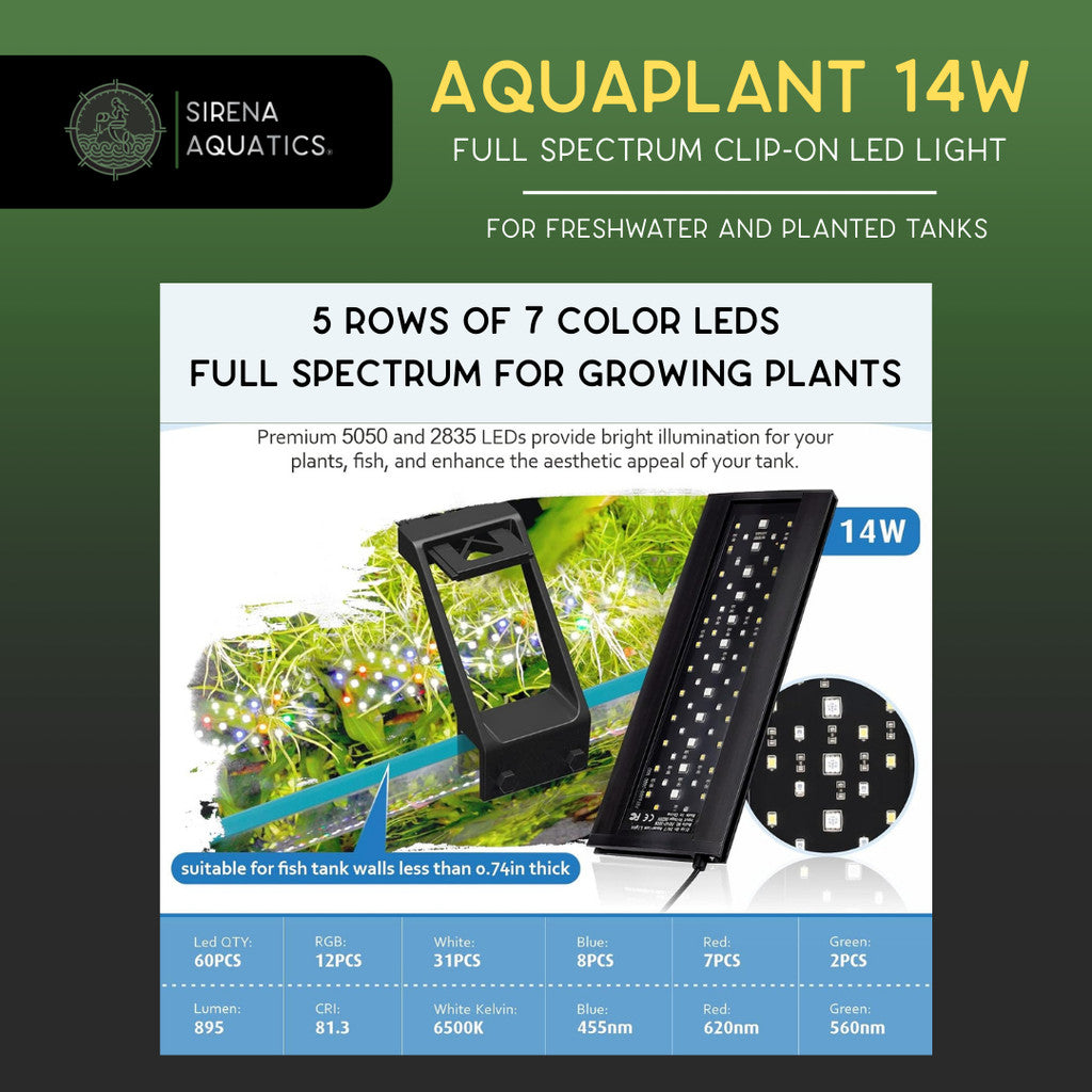 Sirena Aquatics AquaPlant LED Clip-on Aquarium Light For Planted and Aquascaping Tanks 14W, 12-18’’ Tank Aquarium
