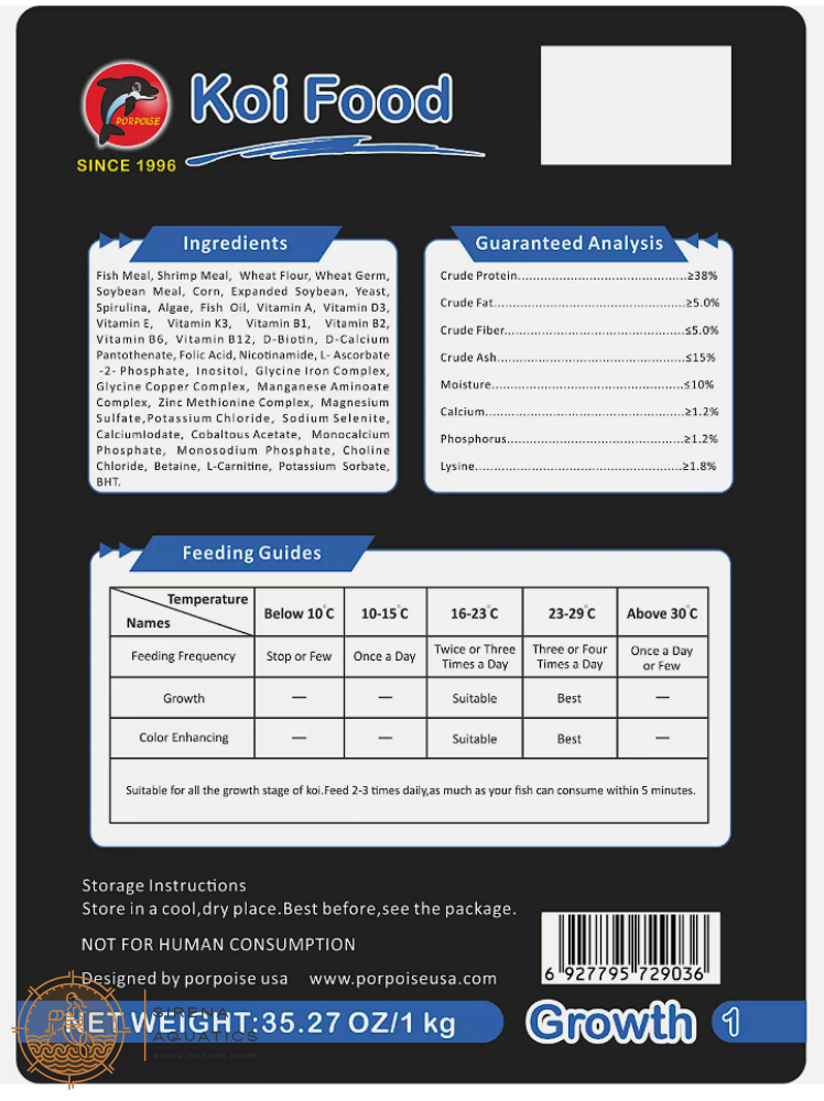 Porpoise Koi Food - Growth Formula For Vibrant Colors & Optimal Health (Floating) Fish