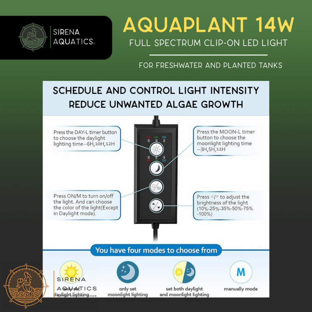 Sirena Aquatics AquaPlant LED Clip-on Aquarium Light For Planted and Aquascaping Tanks 14W, 12-18’’ Tank Aquarium