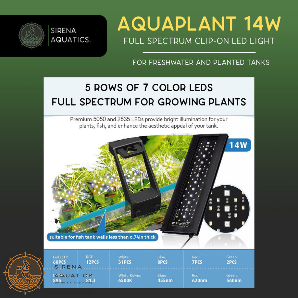 Sirena Aquatics AquaPlant LED Clip-on Aquarium Light For Planted and Aquascaping Tanks 14W, 12-18’’ Tank Aquarium