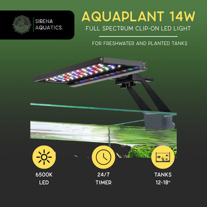 Sirena Aquatics AquaPlant LED Clip-on Aquarium Light For Planted and Aquascaping Tanks 14W, 12-18’’ Tank Aquarium