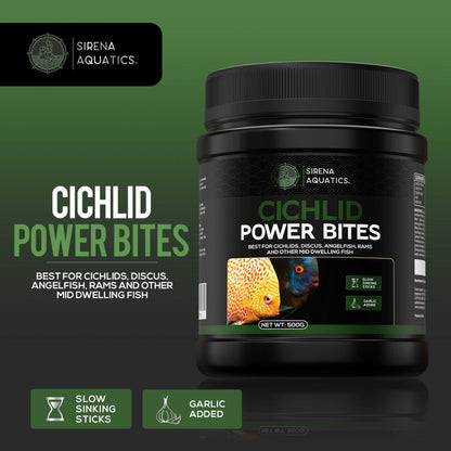 Sirena Aquatics Cichlid Power Bites - Slow Sinking High Protein Sticks for Community Aquarium Fish 500g