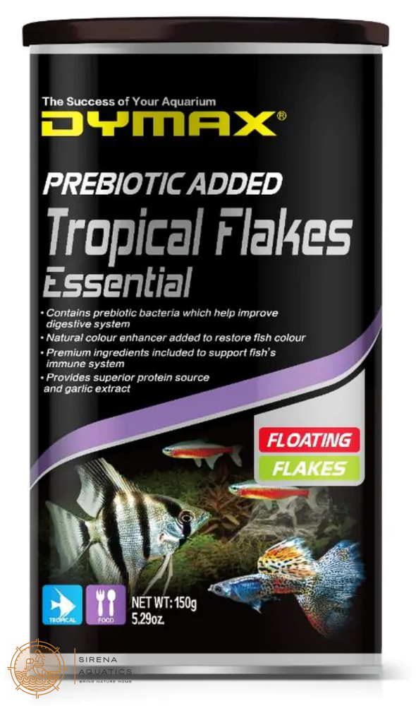 Dymax Tropical Essential Floating Flakes With Garlic Extract For Angelfish Mollies And Guppies 150G