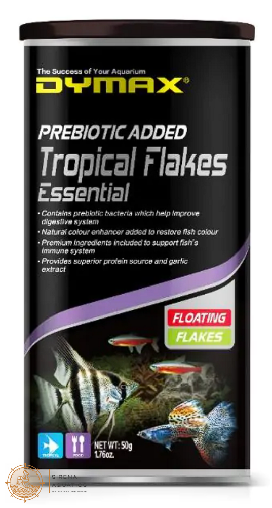 Dymax Tropical Essential Floating Flakes With Garlic Extract For Angelfish Mollies And Guppies 50G