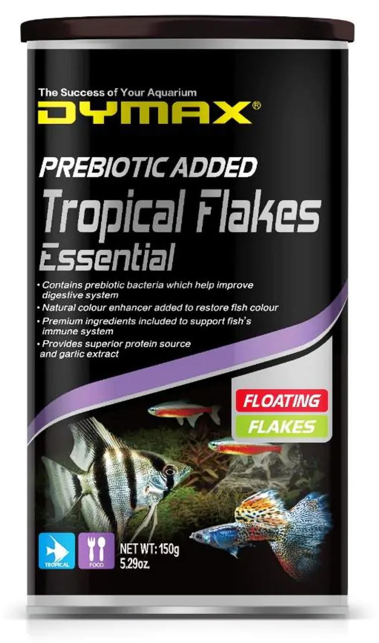 Dymax Tropical Essential Floating Flakes With Garlic Extract For Angelfish Mollies And Guppies 150G