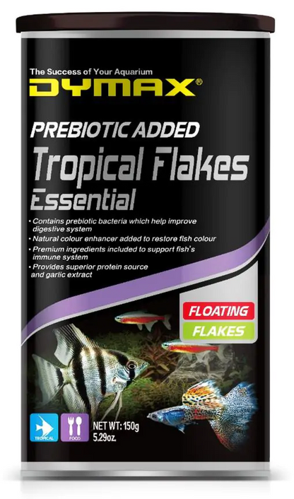 Dymax Tropical Essential Floating Flakes With Garlic Extract For Angelfish Mollies And Guppies 150G